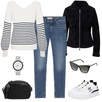 Schlichte Outfit mit Blau/Hellblau/Dunkelblau Hose Große Größe/Damen 7/8-Länge Jeans/Knöchelstiefel/Caprijeans/Sportschuhe/Cropped Jeans/Girlfriend Jeans/Regular-Fit Jeans/Formelles Hemd/Slim Fit Jeans/Schlupfjeans/Straight Leg Jean/Leder Schuhe/Tapered-Jeans Marc O'Polo "Stylishes Alltagsoutfit"Look: Uni, Casual, Classic, Coole, Moderne, Mom, Old Money, Premium, Schlichte, Smart Casual