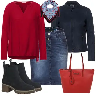 Outfit mit Schwarz CECIL, Blau Rock CECIL, Rot Bluse CECIL "Super für die Freizeit"