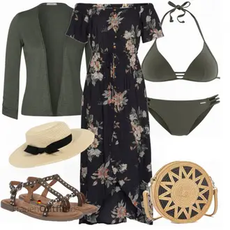 Outfit mit Blau/Dunkelblau/Rosa/Braun Vintage Kleid/Kleid Standesamt-gast/Bedrucktes Kleid/Maxikleid/Langes Sommerkleid Lascana "Toller Look für die Freizeit"
