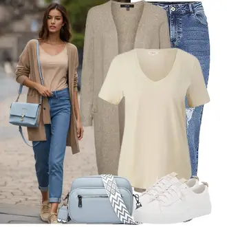 Boho Outfit mit Blau/Hellblau Girlfriend Jeans/Boyfriend Jean/Knöchelstiefel/Jeans mit Schlitz/High Waist Jeans/Lederjacken/Jeans mit Loch Pieces "Freizeit Outfit für den Frühling"Look: Mom, Trendige, Vintage, Classic, Casual, Schlichte, Overdressed, Boho, Elegant