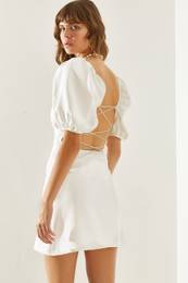 Women's Drape Collar Back Tie Detail Watermelon Sleeve Mini Dress