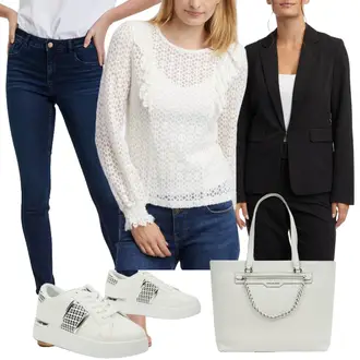 Outfit sa Pink/Krem/Bijela Čipkasta Bluza/Engleska Bluza s Broderie/Dječja igračka orsay "Dopadljivi poslovni outfit"