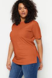 Curve Brick Boyfriend Crew Neck Slit 100% Cotton Knitted T-Shirt