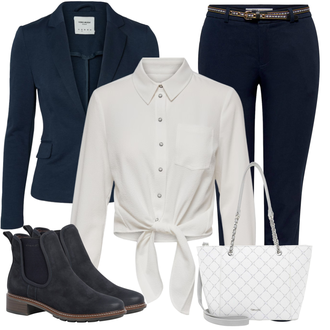 Outfit s Šedá/Khaki/Bílá/Béžová/Krémová Zavazovací Halenka/Halenka s Mašlí/Halenkové Body Only "Perfektní pro volný čas"