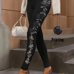 Plus Size Floral Print High-waisted Leggings - Soft Polyester Blend, Stretchy & Comfortable, Machine Washable, Wear, Black With Intricate