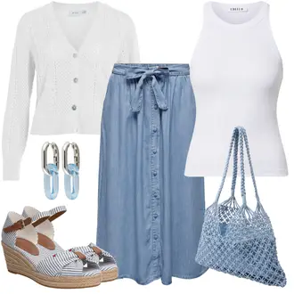 Button Down Outfit mit Grau/Hellblau/Blau Short Große Größe/Jeansrock/Rock Zum Binden/Vintage Jeansrock/Bluse und Tunika/Bluse Große Größe/Kleid Große Größe Only "Outfit für den Sommer"