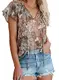 Uusollecy Damen Bluse Sommer, Blumenmuster V-Ausschnitt Chiffon Kurzarm Tops, Casual Lose Oberteile Bluse Für Frauen Teen Girls Khaki S