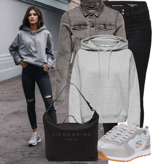 Jahanje Outfit sa Crna Kožna Jakna/Ženske Traperice 7/8 Dužine/Bikerske Traperice/High Waist Traperice/Traperice s Prorezom/Push-up Traperice/Traperice Slim Kroja/Kožne Cipele/Termo Traperice/Zimska jakna Tom Tailor "Moderna kombinacija za slobodno vrijeme"Look: S zakovicama, Razonoda, Raditi, Hodanje, Jahanje, Apres ski
