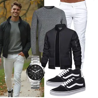 Stehkragen Outfit mit Dunkelgrau/Schwarz/Grau Jacke mit Seitlichem Reißverschluss/Fliegerjacke/Frühlingsjacke/Collegejacke/Nylonjacke TACVASEN "Freizeit Outfit"