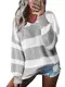 YOINS Pullover Damen Streifen Sweatshirt Oberteile Strickpullover Farbblock Sweater V-Ausschnitt Jumper Langarmshirts Tops Hemd Shirt Grau M