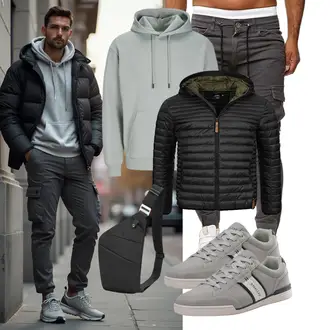 Outfit mit Schwarz/Dunkelgrün/Khaki Isolationsjacke/Daunenjacke/Kunstfaserjacke/Jacke mit Seitlichem Reißverschluss/Herbstjacke/Winterjacke/Puffer Jacke/Thermojacke/Steppjacke/Verstaubare Jacke/Kapuzenjacke Indicode "Freizeit Outfit"