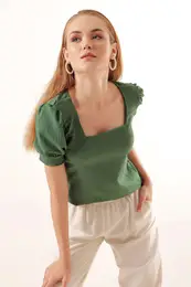 0409 Square Neck Knitted Blouse - Emerald