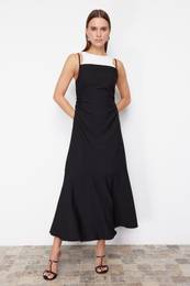 Black A-Line T-Shirt Detailed Midi Woven Dress