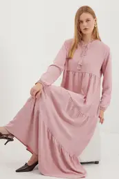 1627 Collar Lace-Up Hijab Dress - A. Pink