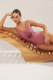 Pink V Neck Floral Applique Draped Regular Swimsuit