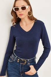 Women's Navy Blue V-Neck Flowy Soft Touch Blouse