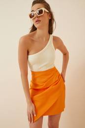 Happiness stanbul Women's Orange Draped Knitted Mini Skirt