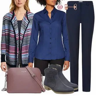 Outfit mit Dunkelblau Bluse Mit Ellen­bogen-patch/LangarmBluse/Bluse Mit Knopf/Bluse mit Stehkragen/Bügelfreie Bluse/Slim Fit Bluse/Business Bluse Seidensticker "Cecil Style"