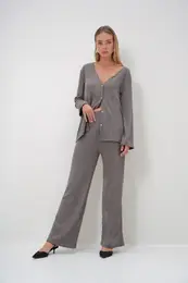 Trend Alaat Stili Women's Mink V Neck Stone Buttoned Cardigan and Trousers Bottom Top Set