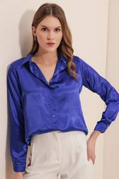 3964 Lightly Flowy Satin Shirt - Sax
