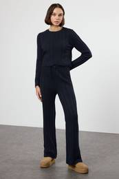 Navy Blue Crop Sweater-Pants Denim Bottom-Top Set