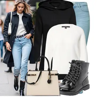 Coachella Outfit mit Schwarz Schnürstiefelette/Biker Boot/Klassischer Stiefel/Springerstiefel/Flache Stiefelette About You "Modisches Frühlingsoutfit"Look: Coachella, Pop Konzert, Schule