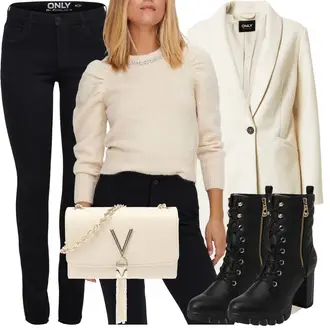 Outfit Inspo Schule mit Schwarz Lederjacke/Biker Jeans/High Waist Jeans/Jeans mit Schlitz/Push up Jeans/Slim Fit Jeans/Leder Schuhe/Thermojeans/Winterjacke Only "Elegantes Outfit Inspo"Look: Wasen, Konzert, Schule