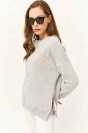 Women's Gray Side Zipper Detail Fleece Thick Sweatshirt