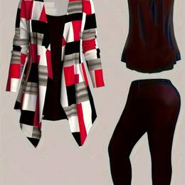 Plus Size Casual Piece Set, Solid Cami Top & Pants & Geometric Pattern Open Front Asymmetrical Top Outfits, Women's Plus Size Clothing