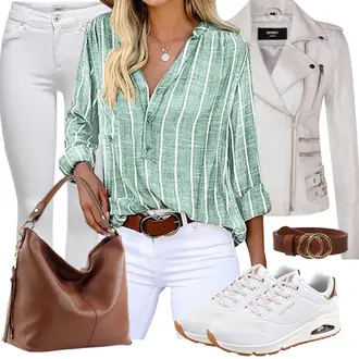Smart Casual Outfit mit Türkis/Hellgrün/Grün Gemusterte Bluse/Boho-Bluse/3/4 Bluse/Crash­Bluse/Einfarbige Bluse/LangarmBluse/Bluse Oberteil Cindeyar "Modisches Frühlingsoutfit"Look: Uni, Casual, Preppy, Smart Casual, Boho, Cowgirl, Mom, Wilder Westen, Maritim