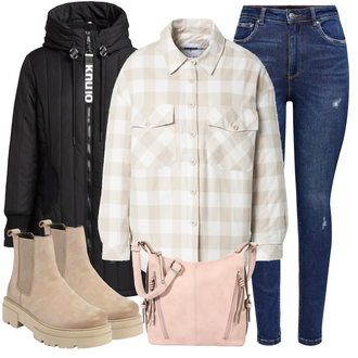 Outfit mit Beige/Creme/Khaki/Braun Flanellhemd/Kariertes Hemd/Bluse und Tunika/Bluse Große Größe Urban Classics "Winterlicher Look"