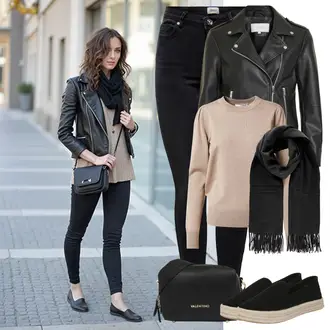 S zakovicama Outfit sa Crna Kožna Jakna/Zimska jakna/Traperice s Prorezom/High Waist Traperice/Push-up Traperice/Bikerske Traperice/Kožne Cipele/Termo Traperice Only "Cool proljetni look"Look: S zakovicama, Hodanje, Jahanje, Apres ski, Razonoda