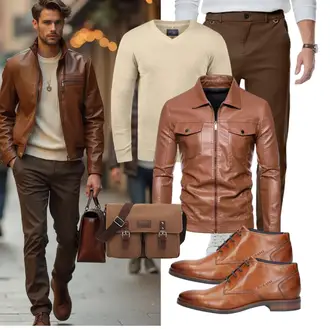 Outfit mit Braun/DunkelBraun Bikerjacke/Herbstjacke/Leder Bomberjacke/Jacke mit Seitlichem Reißverschluss/Lederjacke/KunstLederjacke Generisch "Freizeit Outfit"