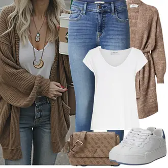 Koncer Outfit sa Smeđa/Bež/Ljubičasta/Siva Pletivo Veći Broj Only, Bijela/Krem Majica/Obični top/Zamotana Majica/Majica s vodopadnim izrezom/Ležerna majica/Košulja top Pieces "Proljetni Outfit"Look: Posebne prigode, Brvnare, Majčin dan, Koncer, Škola, Malle, dan na plaži, Festival, Gala, 18. rođendan
