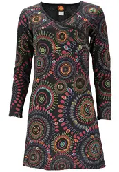 GURU SHOP Hippie Minikleid Chic, Langarm Tunika Mandala, Schwarz/Lemon, Baumwolle, Size:M (38), Kurze Kleider Alternative Bekleidung