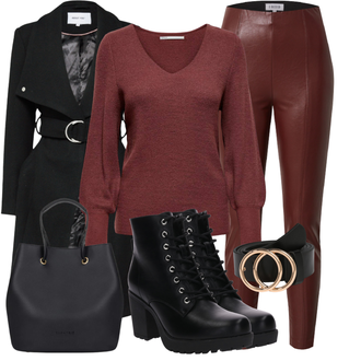 Herbst Outfit mit Rot/Dunkelrot/Bordeaux/Braun Hose Große Größe/Leggings Große Größe/Lederimitathose/Leggings Lederlegging/Leggings Lederoptik/Lederhose Edited "Stylische Kombination für die Freizeit"