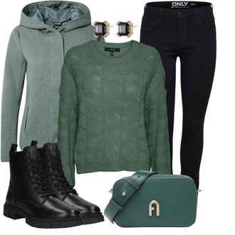 Outfit mit Grün/Dunkelgrün/Türkis Mantel/Kapuzenjacke/StrickFleecejacke/Merinojacke/Wolljacke/Ausgefallener Hoodie/Hoodie/Strick Hoodie/Sport Hoodie/Sweatjacke/Sweatmode Only "Street Style Outfit"