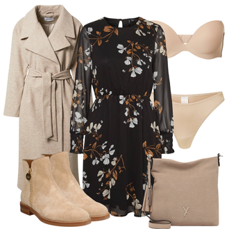Outfit mit Schwarz/Lila BlusenKleid/HerbstKleid/Geblümte Kleid/Langärmliges WinterKleid/Langarm EtuiKleid/Bedrucktes Kleid VERO MODA "Perfekt für den Winter"