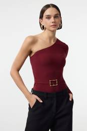 Burgundy Belt Detailed One-Shoulder Fitted Flexible Knitted Body with Snap Fasteners