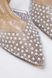 Beige Faux Pearl Detailed Stoned Open Back Vinyl Women's Evening High Heel Shoes TAXSS25TO00007