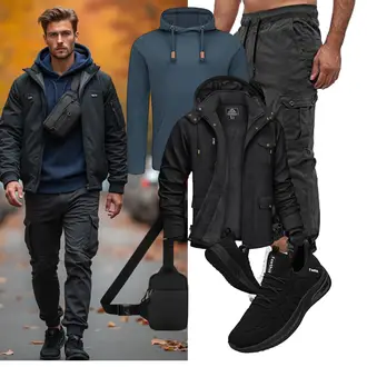 Outfit mit Schwarz/Dunkelgrau Jacke mit Seitlichem Reißverschluss/Funktionsjacke/Trekkingjacke/Wanderjacke/Merinojacke/Herbstjacke/Wolljacke/Reitjacke/Trachtenstrickjacke/Outdoorjacke/Winterjacke/Kapuzenjacke KEFITEVD "Freizeit Outfit"