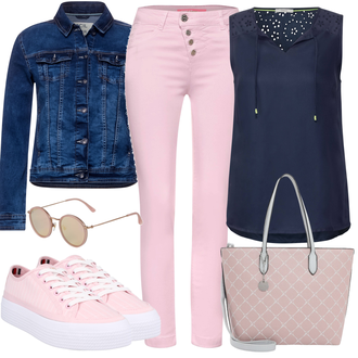 Outfit mit Rosa/Beige/Blau/Weiß Sneaker Tommy Hilfiger "Cool für die Freizeit"