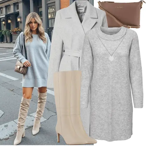 Beige/Braun/Khaki Langer Stiefel/High Heels Stiefel/Kniehoher Stiefel VAN HILL kombinieren mit Langarm Etuikleid/Langes Strickkleid/Pulloverkleid/Winter Strickkleid Only