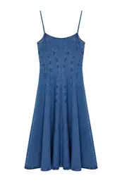 Blue Flounce Stitch Detail Strappy Maxi Denim Dress