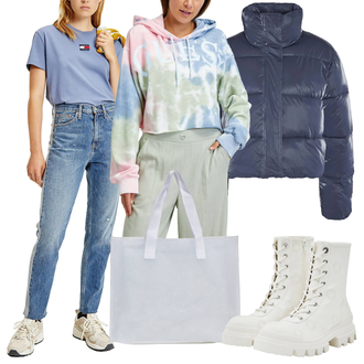 Jízda na koni Outfit s Modrá/Světle modrá/Lilové barvy/Fialová Kožená Pánská Bund/Džíny Regular Fit/Mom Jean/Girlfriend Džíny/Vintage džíny/Zužující se Džíny/Dad Džíny/Formální Košile Tommy Jeans "Outfit na podzim"Look: Jízda na koni, Volný čas