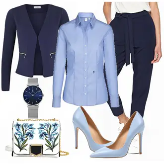 Outfit mit Hellblau Bluse mit Stehkragen/LangarmBluse/Bluse Mit Knopf/Slim Fit Bluse/Bügelfreie Bluse/Business Bluse Seidensticker "Blau Business"