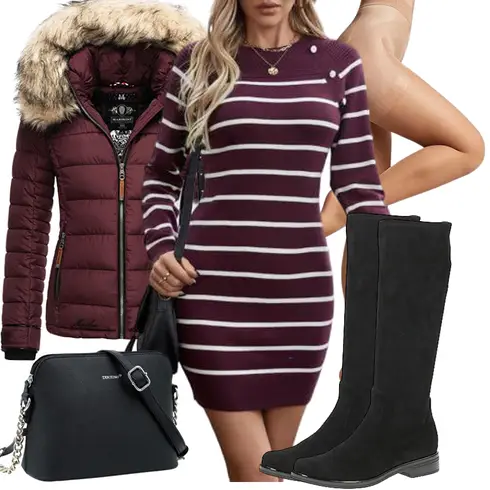 Bordeaux/Dunkelrot/Lila Bodycon-Kleid/Langarm Etuikleid/Hoodie Kleid/Pulloverkleid/Rollkragenkleid/Schmales Kleid/Herbstkleid/Strickkleid/Winter Strickkleid/Langärmliges Winterkleid Yutila kombinieren