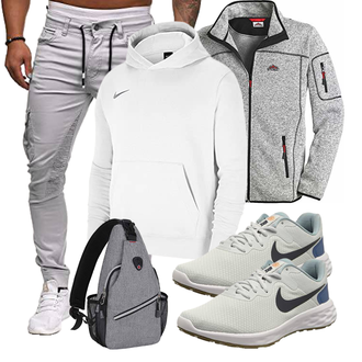 Outfit mit Grau/Khaki/Hellgrau Stoffhose/Freizeithose/Sporthose/Löcherne Hose/Skinny Hose/Bügelfaltenhose/Cargo-Jogginghose/Cargohose Cassiecy "Freizeit Outfit"