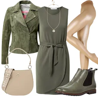 Echtleder Outfit mit Grau Flache Stiefelette/Gummistiefelette/Lederjacke/Chelsea Boot Tamaris "Modisches Frühlings Outfit"