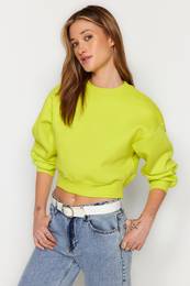Yellow Comfortable Cut Crop Basic Crew Neck Thick Fleece Inside Knitted Knitted Sweatshirt